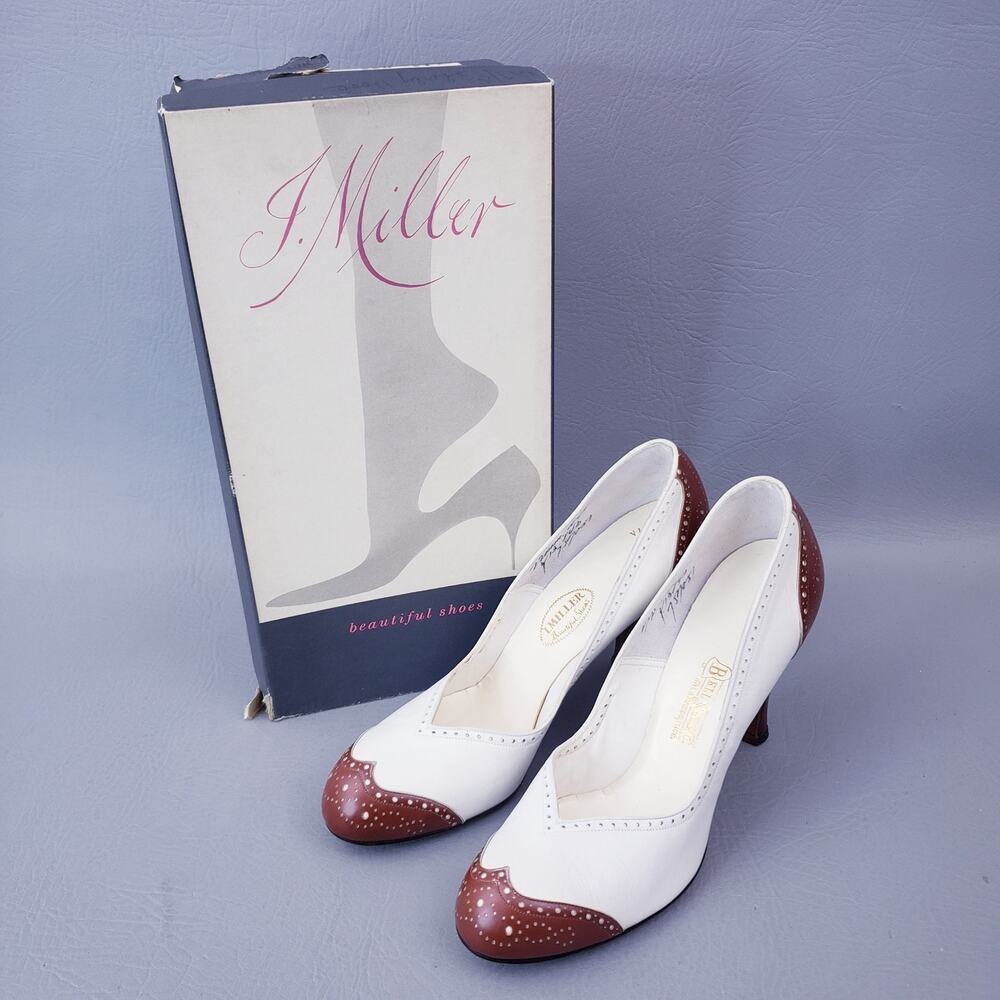 Vintage 1950s Mid-Century Spectator Oxford Pumps White Brown 7.5 AAA